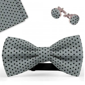 Set papion barbati, batista, butoni, gri, buline mici negre